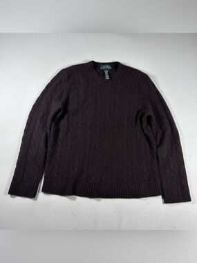 Polo Ralph Lauren Womens Brown Cable-Knit Crewneck Wool Cashmere Fur Sweater L